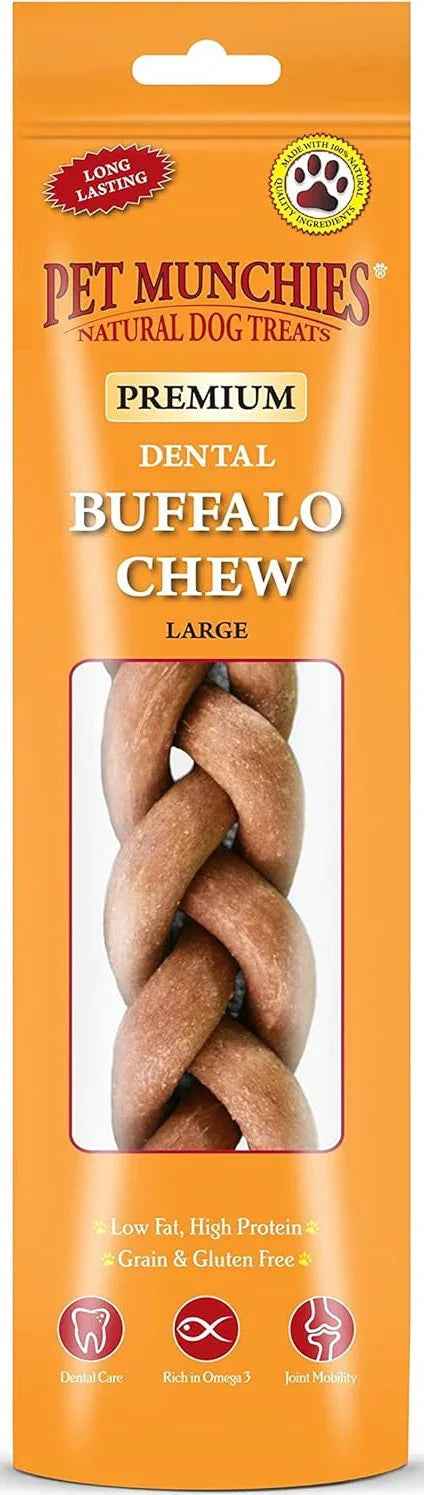 Pet Munchies Large Buffalo Dental Chew, grass-fed buffalo hide dog chew, 90g pack