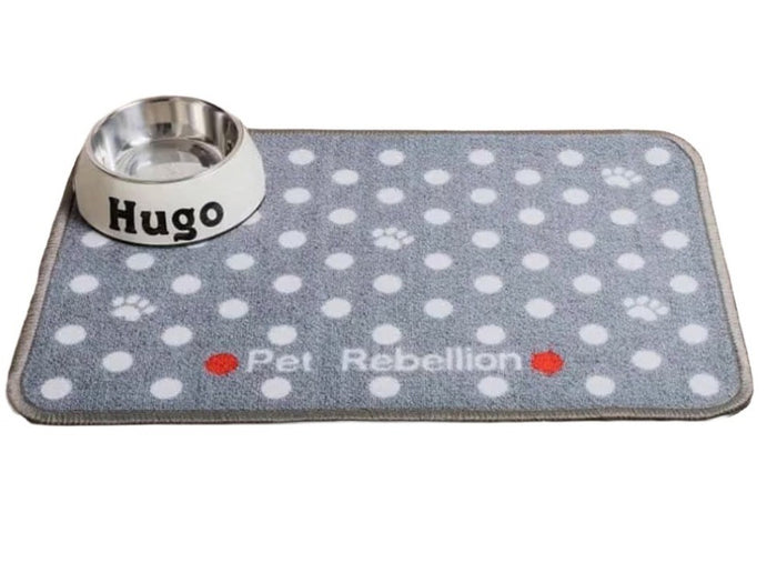 Pet Rebellion Dinner Mate absorbent pet feeding mat in a grey dotty pattern