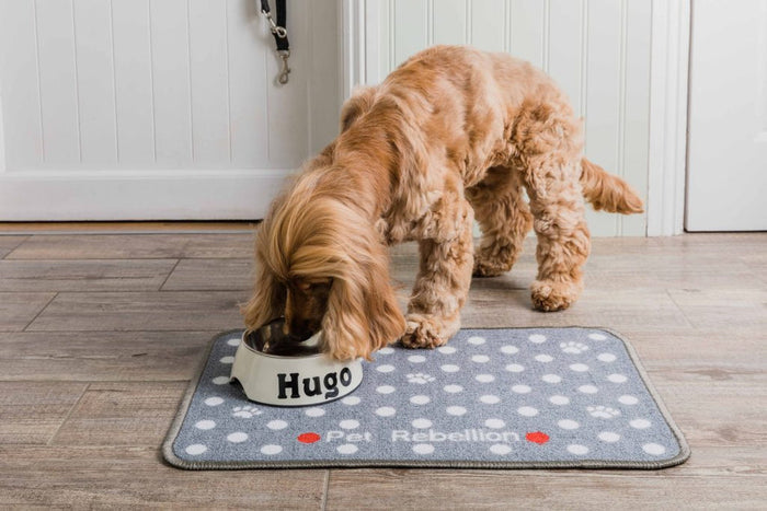 Pet Rebellion Dinner Mate grey dotty feeding mat shown in use beneath pet bowls