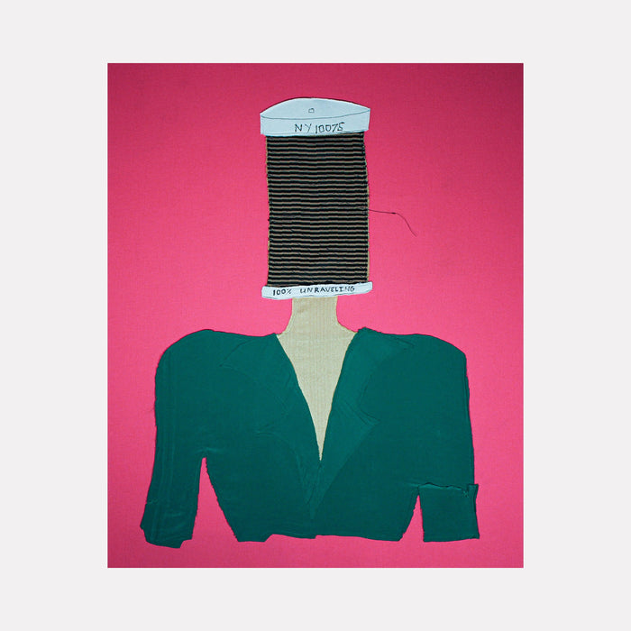 The artwork 'Picking Up The Threads Of Time' by Ali Ha features a surreal collage of a green tailored jacket with a spool of black thread positioned where the head would be, set against a vibrant pink background. The piece combines donated fabric in applique technique with acrylic paint details, creating a thought-provoking juxtaposition of fashion and time. By Ali Ha.