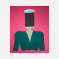 The artwork 'Picking Up The Threads Of Time' by Ali Ha features a surreal collage of a green tailored jacket with a spool of black thread positioned where the head would be, set against a vibrant pink background. The piece combines donated fabric in applique technique with acrylic paint details, creating a thought-provoking juxtaposition of fashion and time. By Ali Ha.