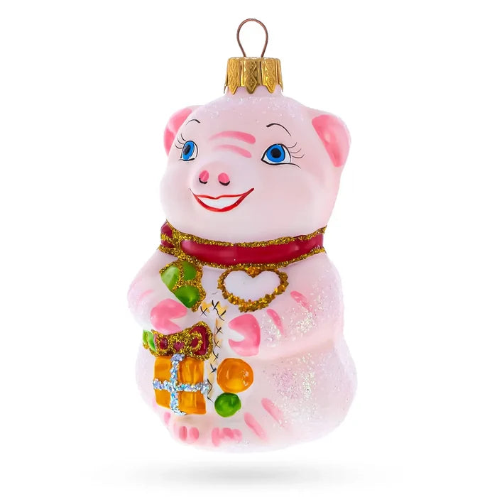 Pig with Gifts Glass Ornament