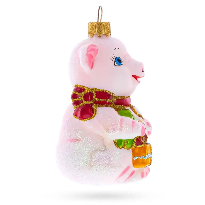 Pig with Gifts Glass Ornament