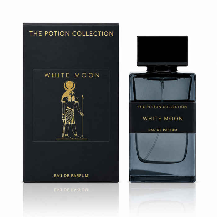 Black and gold 'White Moon' perfume bottle and packaging by The Potion Collection on a white background