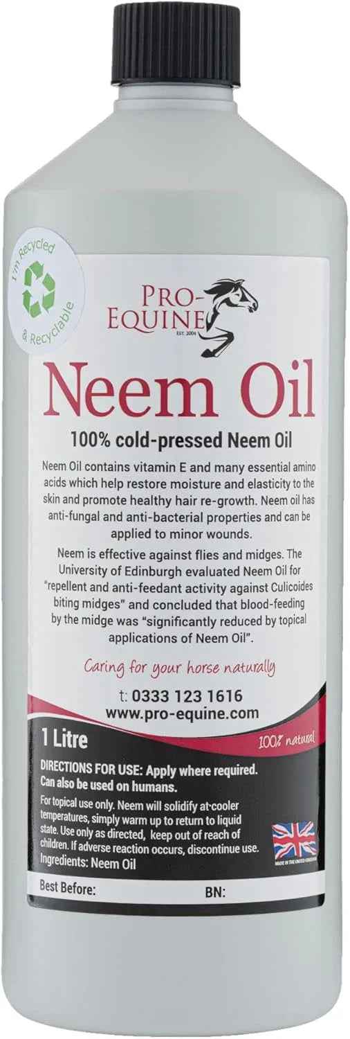 Alternative view of the Pro-Equine Neem Oil 1 litre bottle showing the label detail