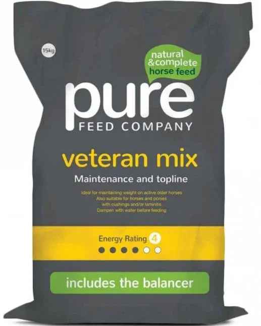 15kg bag of Pure Veteran Mix, a soft-chop complete feed for senior horses from the Pure Feed Company