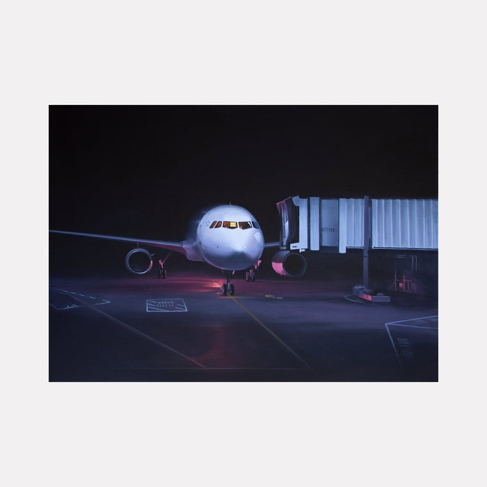 The artwork 'RED EYE' by Alex Devereux captures a commercial aircraft at night, illuminated by ambient terminal lighting. The composition shows a modern passenger jet connected to a jet bridge, with dramatic purple and blue tones creating a moody atmosphere. The aircraft's nose and cockpit windows glow against the dark background, emphasizing the nighttime airport setting, acrylic on canvas, 30x40 inches.