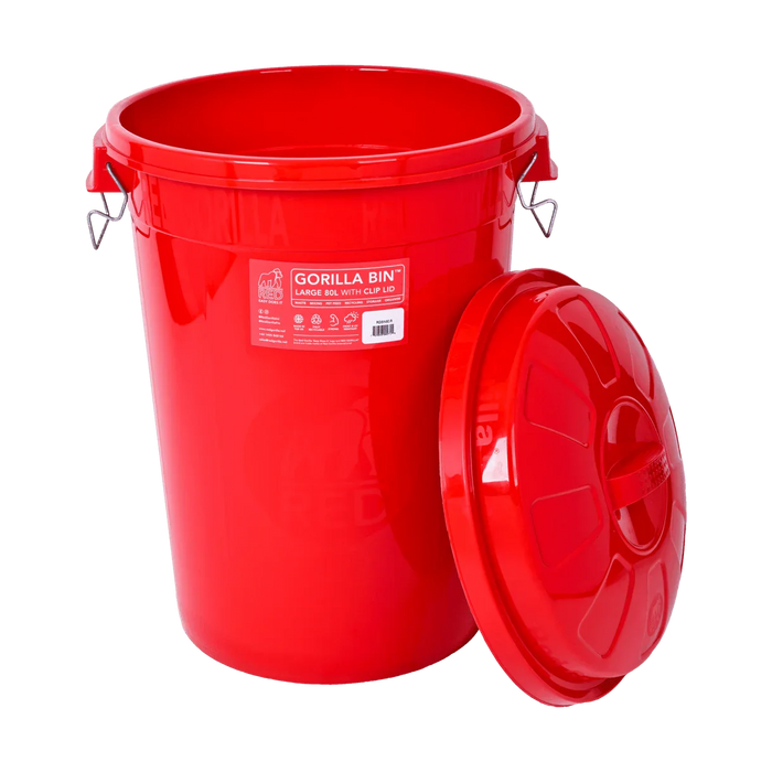 Red Gorilla Gorilla Bin 50 litre in red with its clip-lock lid in place