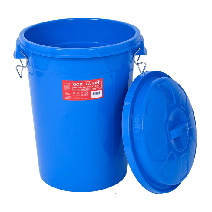 Red Gorilla Gorilla Bin 50 litre in blue with the clip-lock lid fitted