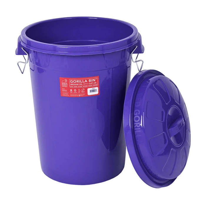 Red Gorilla Gorilla Bin 50 litre in purple with the clip-lock lid fitted
