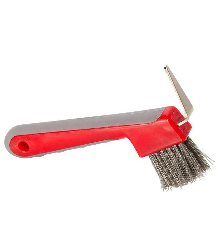 Red Gorilla hoof pick with a metal pick at one end, a stiff nylon brush at the other and a rubber bobble grip handle