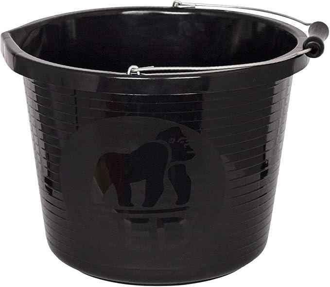 Red Gorilla Premium Bucket in black, a rigid ribbed 15 litre bucket with a reinforced metal carry handle