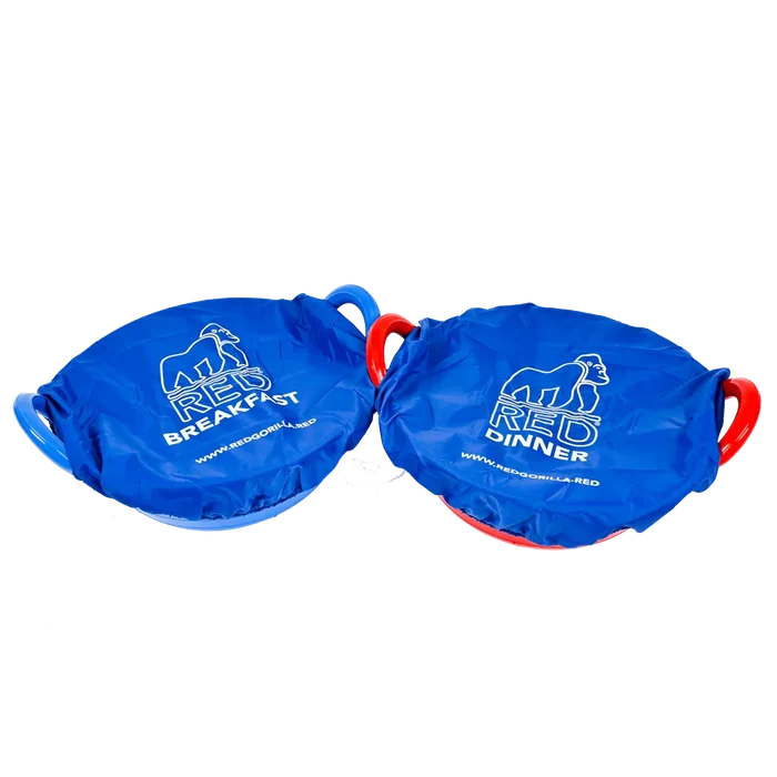 Red Gorilla TubCover twin pack in blue, elasticated polyester covers printed Breakfast and Dinner