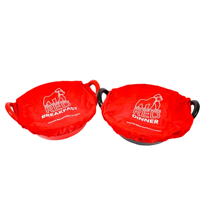 Red Gorilla TubCover twin pack in red, two elasticated covers printed Breakfast and Dinner