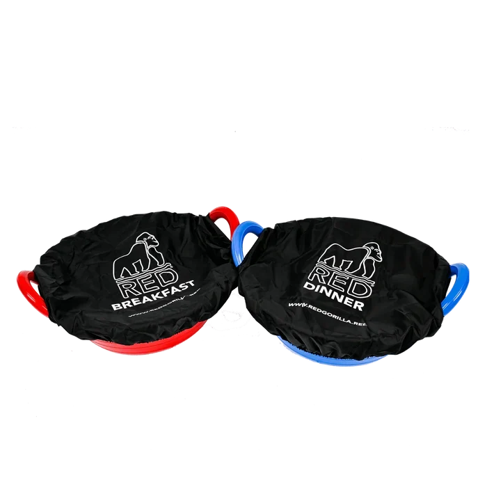 Red Gorilla TubCover Breakfast and Dinner pack in black, two stretch polyester covers with printed labels