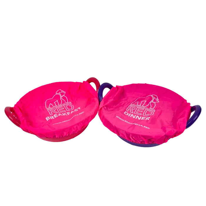 Red Gorilla TubCover twin pack in pink, two elasticated covers printed Breakfast and Dinner