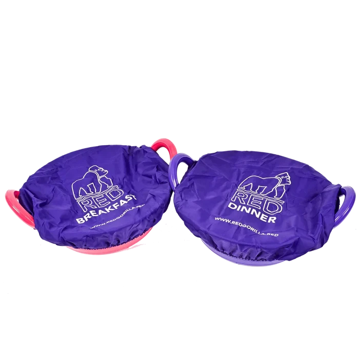 Red Gorilla TubCover twin pack in purple, elasticated feed tub covers printed Breakfast and Dinner