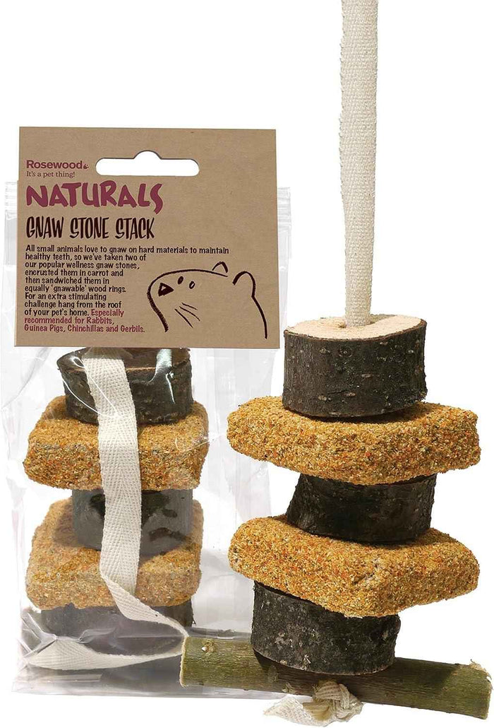 Rosewood Naturals gnaw stone stack, baked loam stones on edible wood with a hanging cord for small animal cages