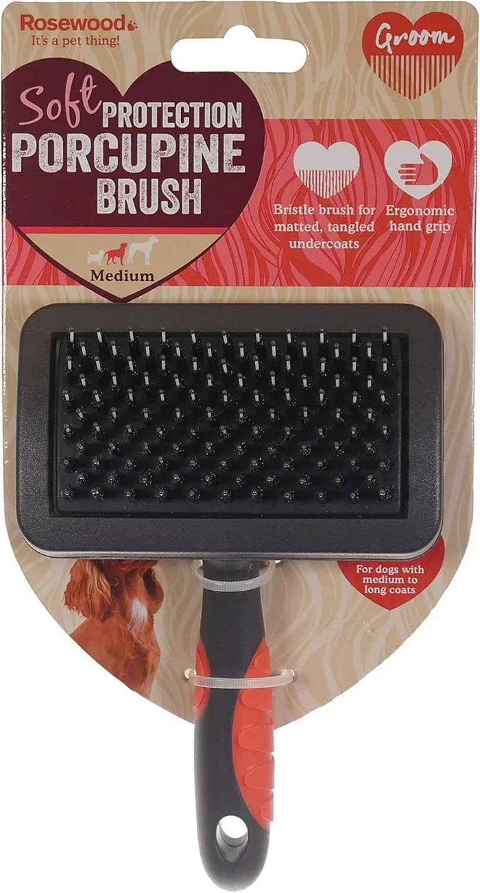 Rosewood Soft Protection porcupine brush for dogs, medium, mixed long and short bristles on a moulded grip