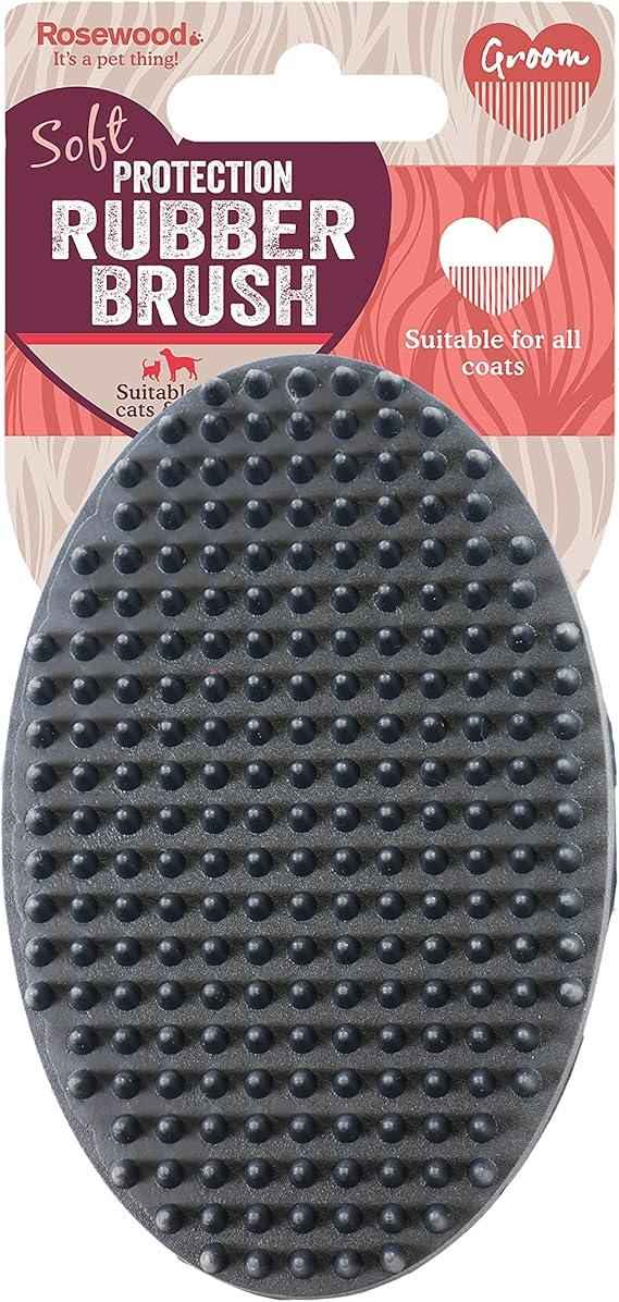 Rosewood Soft Protection salon grooming rubber brush, moulded rubber body with short nubs and a rubber grip