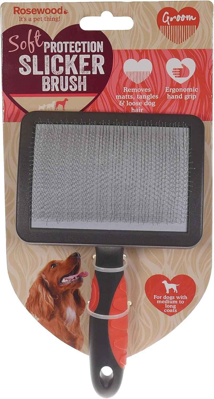 Rosewood Soft Protection slicker brush, large, wide head of fine angled wire pins with a moulded grip
