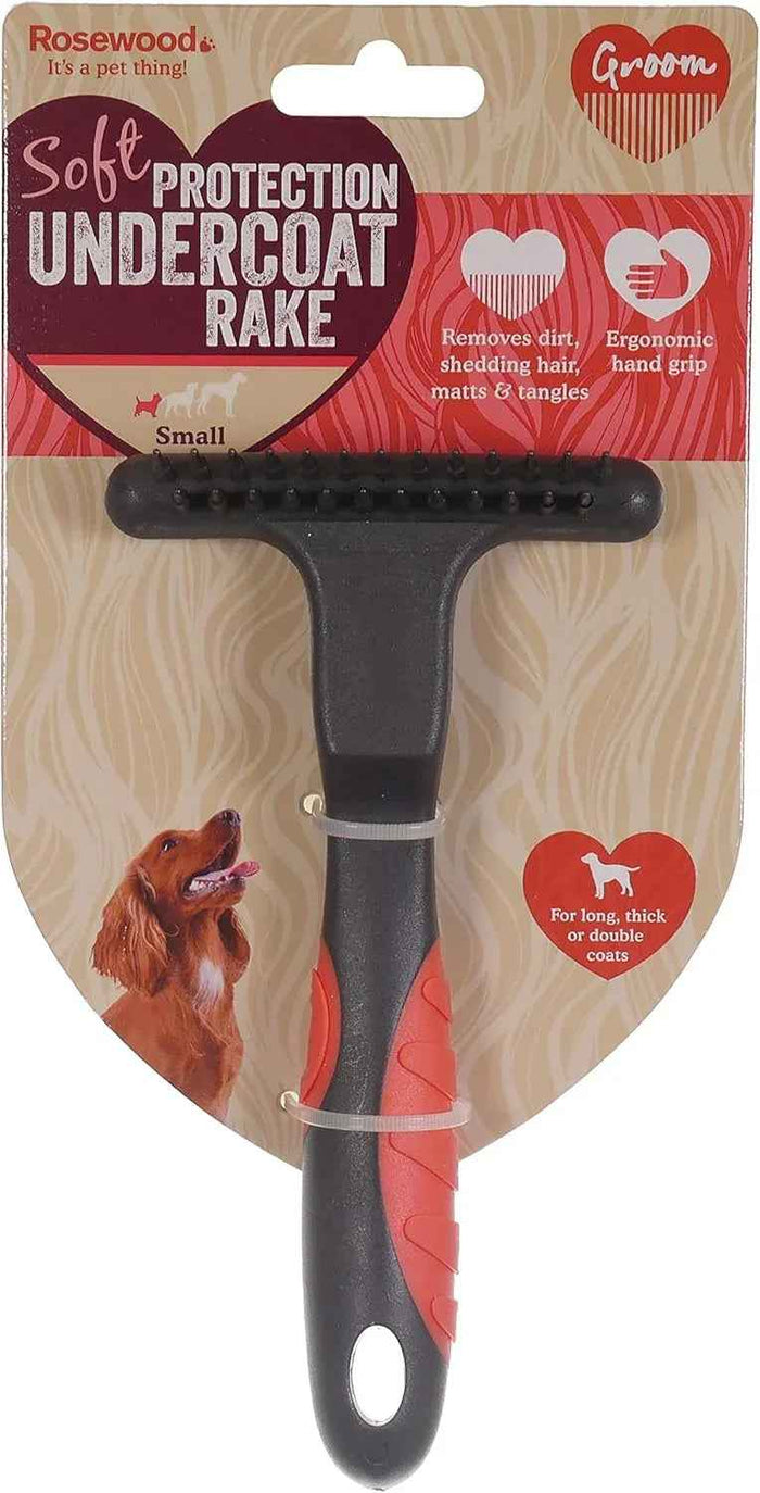 Rosewood Soft Protection undercoat rake for dogs, small, single row of long rounded teeth on a moulded grip