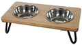 Rosewood wooden double diner, a raised wooden frame holding two stainless steel bowls side by side