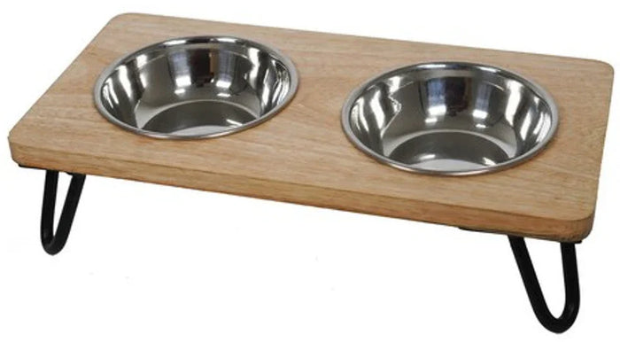 Rosewood wooden double diner, a raised wooden frame holding two stainless steel bowls side by side