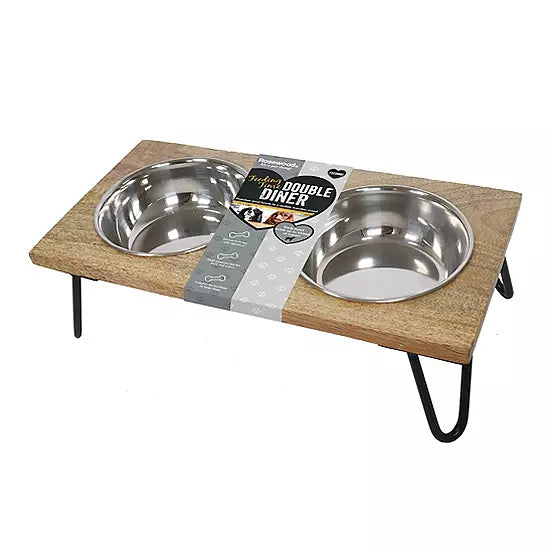Rosewood wooden double diner for larger pets, wooden stand with two removable stainless steel bowls