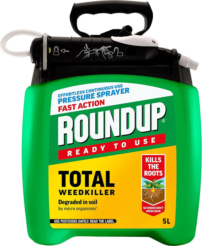 Roundup Total Pump ’N Go 5 litre weedkiller pack with its hose, lance and pump handle