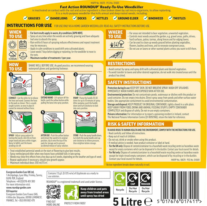 Reverse of the Roundup Total Pump ’N Go 5 litre pack showing the instruction panel