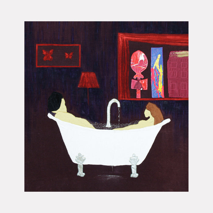The artwork 'Rub a Dub, Dub in the LV Nomad Tub' features a whimsical fabric collage depicting a vintage clawfoot bathtub with running water against a deep purple background. Red framed artwork and a lamp accent the wall, while a shelf displays colorful decorative items. Created using appliqued fabric and acrylic paint by Ali Ha.