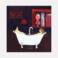 The artwork 'Rub a Dub, Dub in the LV Nomad Tub' features a whimsical fabric collage depicting a vintage clawfoot bathtub with running water against a deep purple background. Red framed artwork and a lamp accent the wall, while a shelf displays colorful decorative items. Created using appliqued fabric and acrylic paint by Ali Ha.
