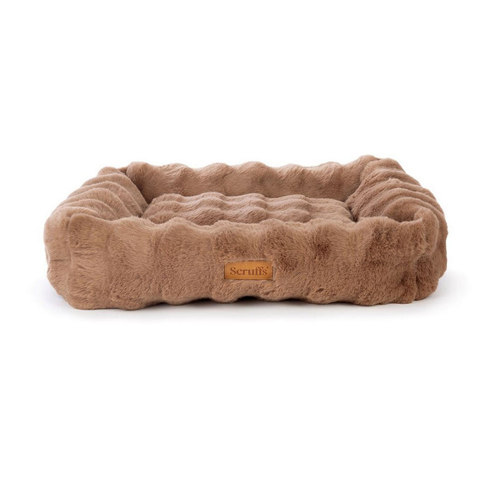 Scruffs Alpine taupe faux fur box bed shown in full, deep padded sides surrounding a flat cushion