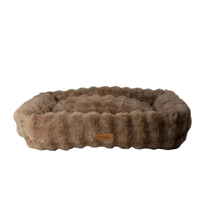Scruffs Alpine box bed in taupe faux fur viewed from the front, cushion seated within the raised sides
