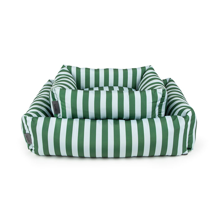 Scruffs Amalfi green stripe range shown together, box bed with matching pieces