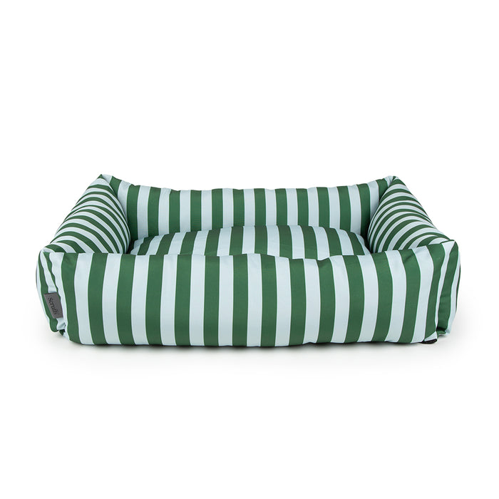 Scruffs Amalfi box bed in broad green and cream stripes on canvas, with padded raised sides