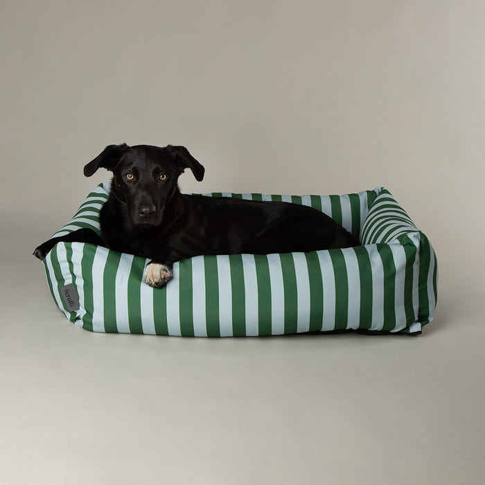 Angled view of the Scruffs Amalfi green striped box bed showing the height of the walls