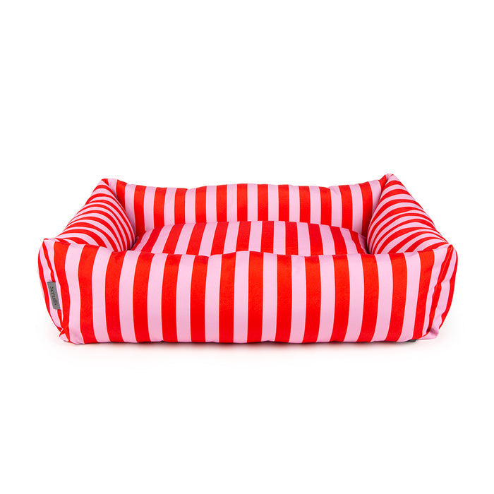 Scruffs Amalfi box bed in pink stripe, extra large at 90 x 70cm with a canvas-style outer