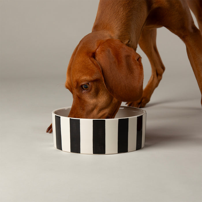 Second view of the Scruffs Amalfi black stripe stoneware dog bowl at 19cm