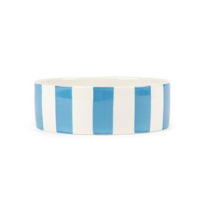 Scruffs Amalfi stoneware pet bowl in blue with hand-painted stripes
