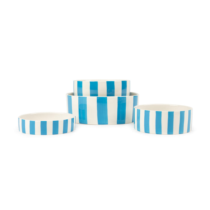 Another view of the hand-painted Scruffs Amalfi blue stripe stoneware pet bowl
