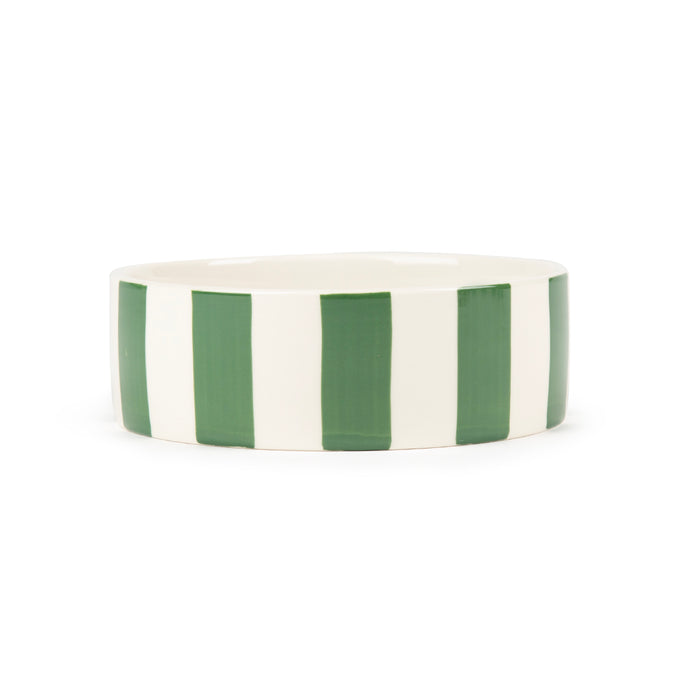 Scruffs Amalfi stoneware dog bowl in green with hand-painted stripes, 15cm across