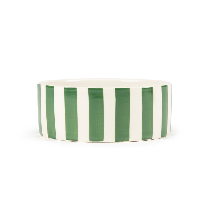 Third view of the Scruffs Amalfi green stripe bowl, the mid-size dish in the Amalfi range