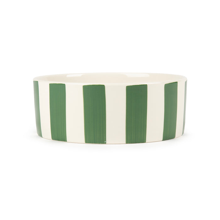 Scruffs Amalfi stoneware dog bowl in green with hand-painted stripes, 19cm across