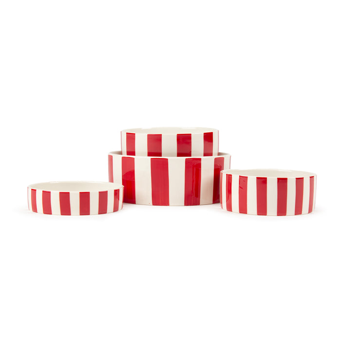 Third view of the Scruffs Amalfi red stripe bowl, the mid-size dish in the Amalfi range