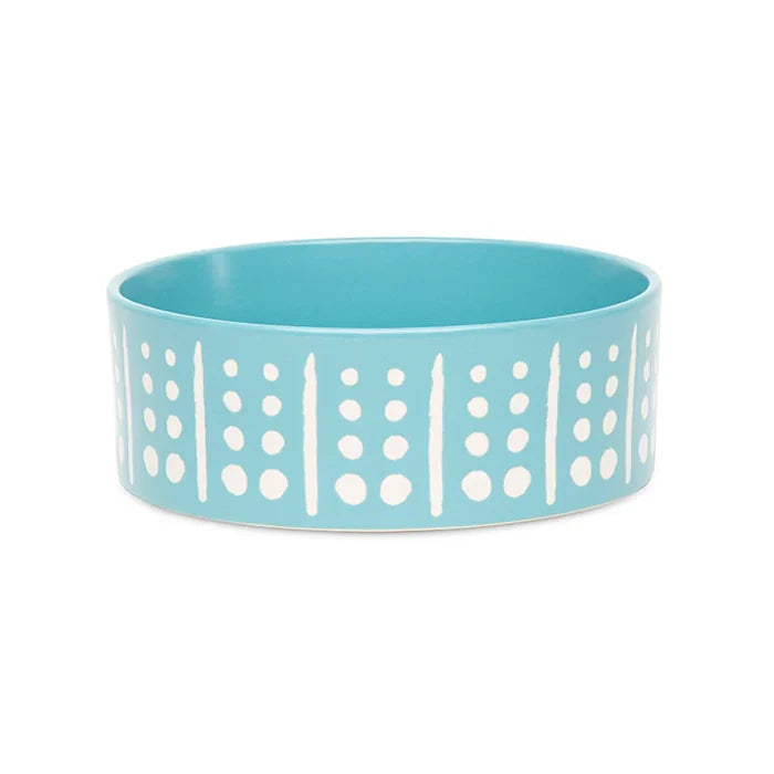 Scruffs Aztec stoneware dog bowl in turquoise blue with a white geometric pattern