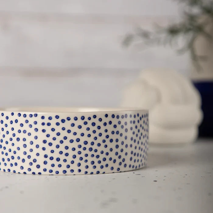 Scruffs Blue Polka stoneware pet food bowl, 15cm across with a blue polka dot pattern