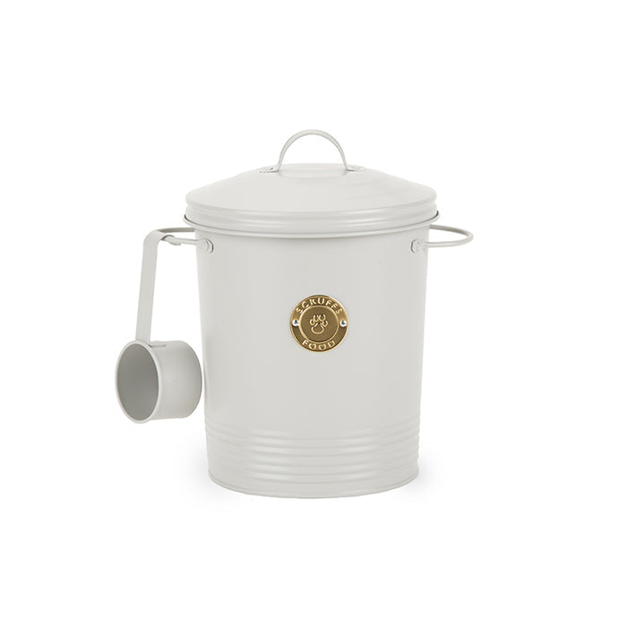 Scruffs Cantina coated steel pet food canister in light grey, cylindrical body with fitted lid