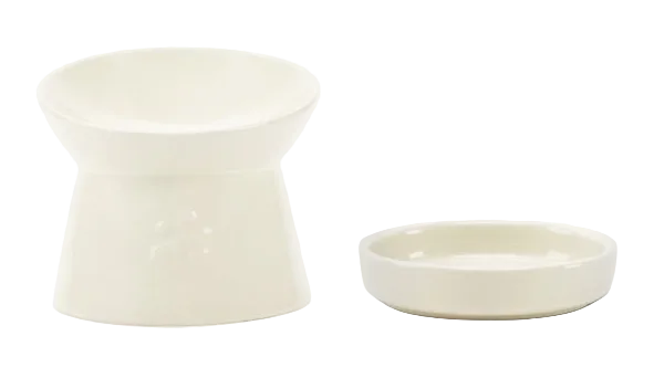 Scruffs Icon raised cat feeder in plain cream stoneware, bowl set on a tall pedestal base